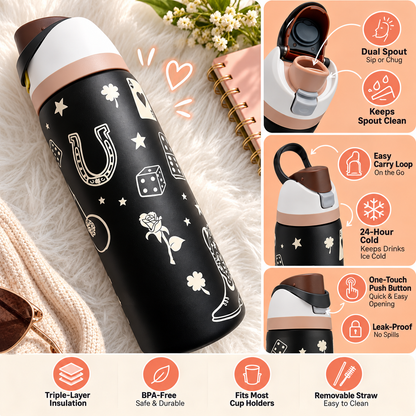 Cartoon Sports Water Bottle – 304 Stainless Steel Insulated, Portable, Colorful Letter Design, 24oz & 32oz