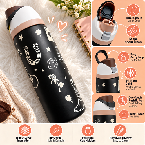 Cartoon Sports Water Bottle – 304 Stainless Steel Insulated, Portable, Colorful Letter Design, 24oz & 32oz