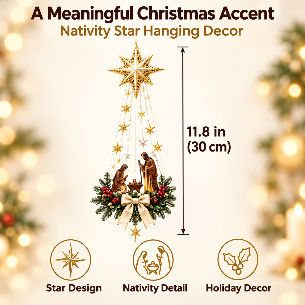 Lighted Nativity Scene Wall Hanging with Warm White LED Star and Pine Garland Decor