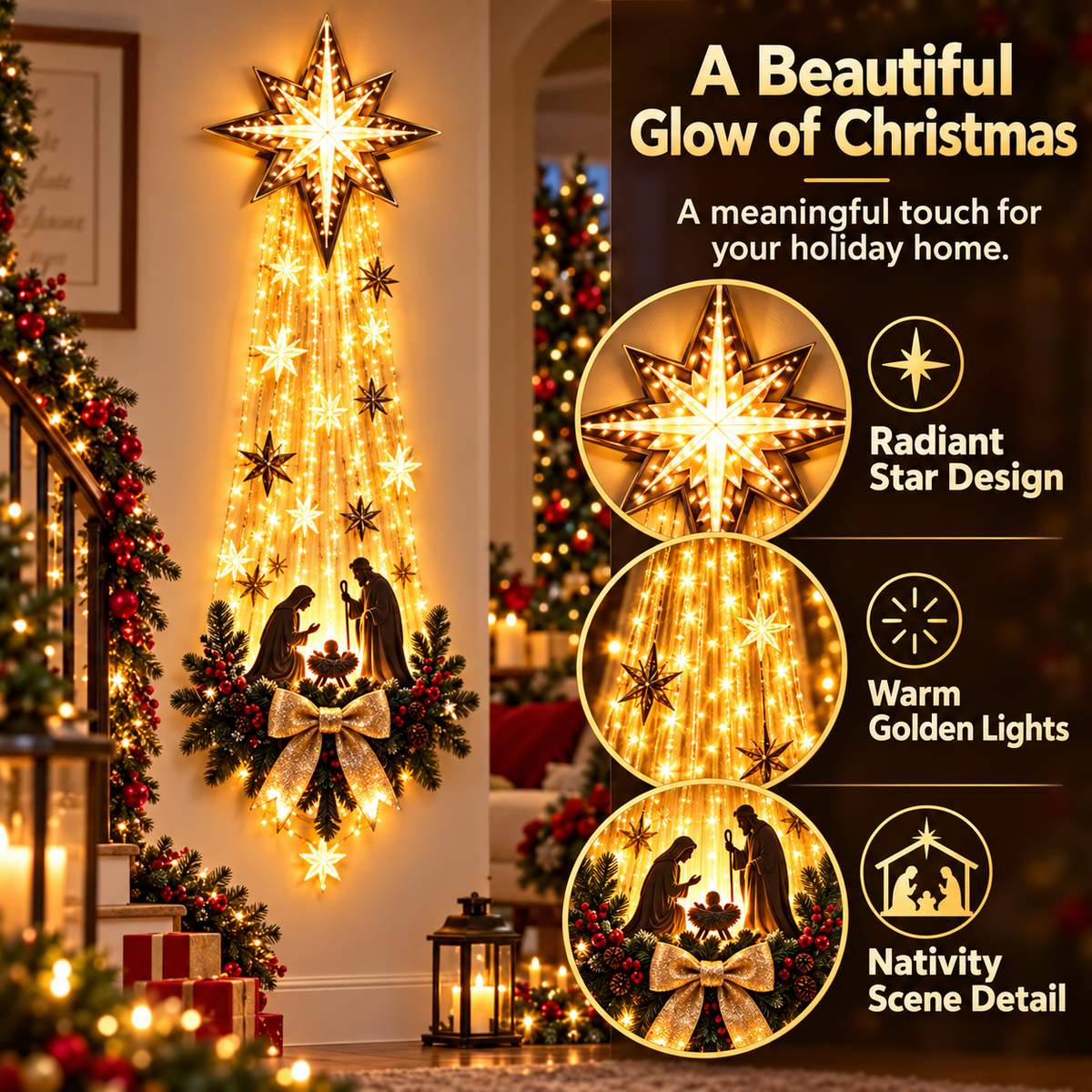 Lighted Nativity Scene Wall Hanging with Warm White LED Star and Pine Garland Decor