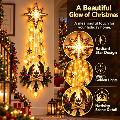 Lighted Nativity Scene Wall Hanging with Warm White LED Star and Pine Garland Decor