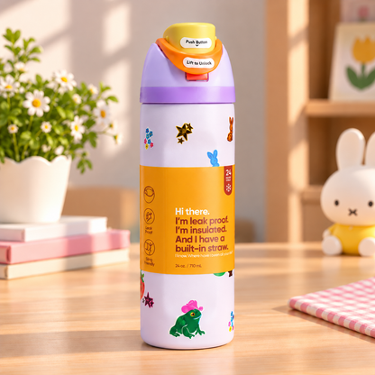 Cartoon Sports Water Bottle – 304 Stainless Steel Insulated, Portable, Colorful Letter Design, 24oz & 32oz