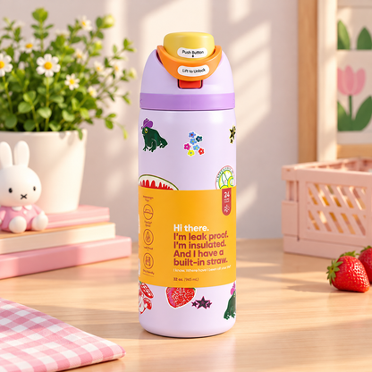 Cartoon Sports Water Bottle – 304 Stainless Steel Insulated, Portable, Colorful Letter Design, 24oz & 32oz